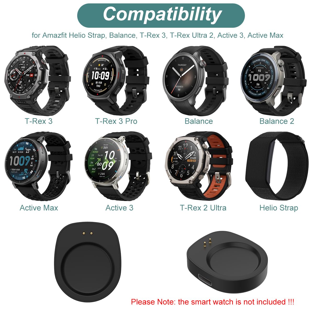 Charger for Amazfit Helio Strap/Balance/T-Rex 3/Active 3/Bip Max (2-Pack) image 2