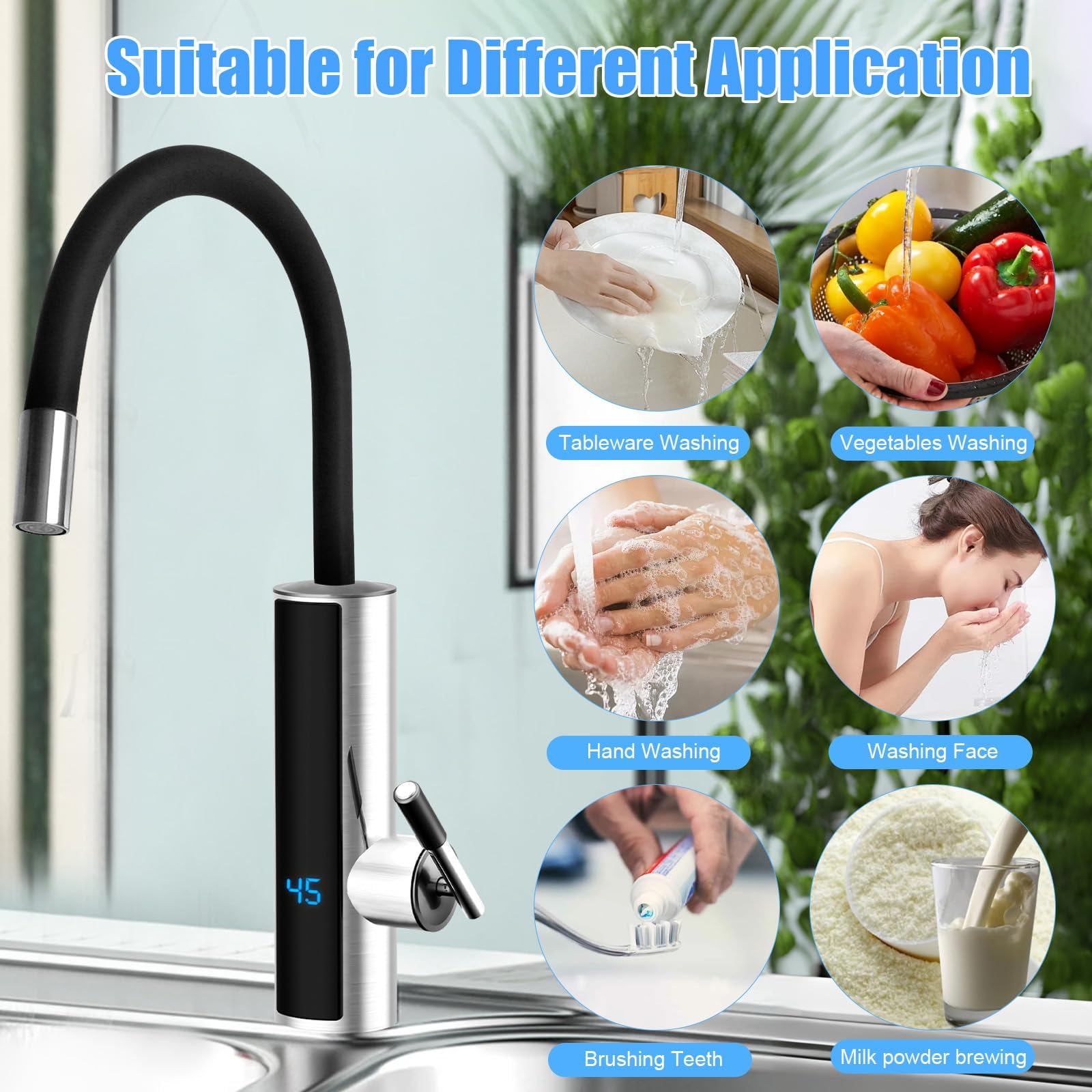 Robinet de chauffe-eau instantané sans réservoir 3000 W 220 V Robinet d'eau chaude électrique pour salle de bain 3 secondes avec affichage numérique de la température (noir)