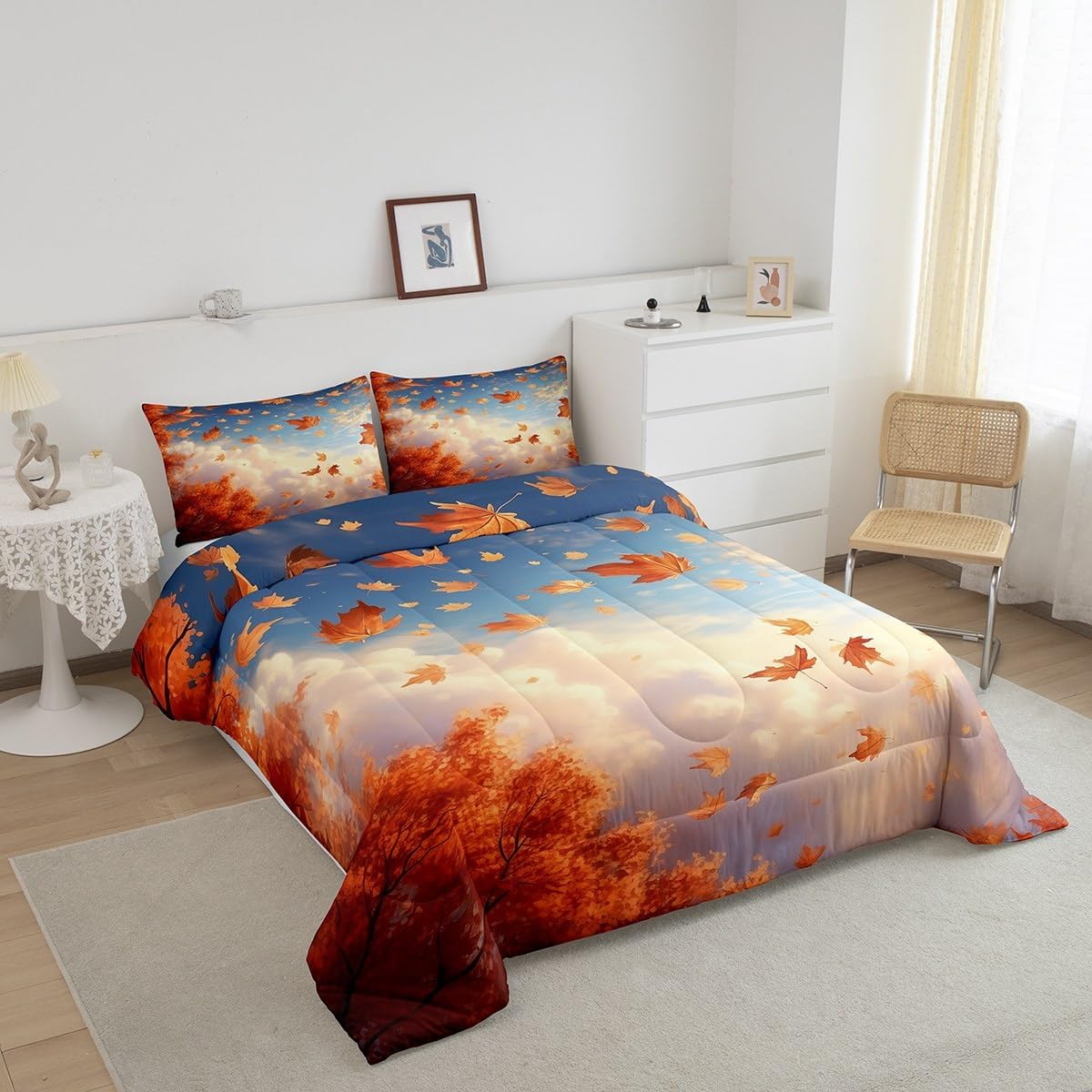 Feelyou Maple Leaf Comforter Set Twin Autumn Bedding Set for Kids Nutrue Theme Comforter Women Men Sky Cloud Quilt Set 2Pcs