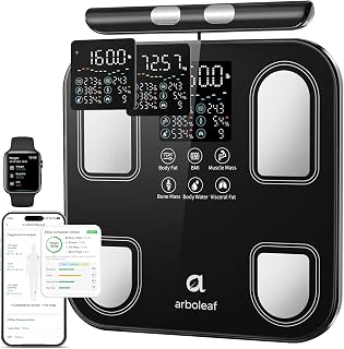 arboleaf Balance Pèse Personne Connectée, 50 Mesures Affichées 180 kg | Balance Impédancemètre à 8 Électrodes, avec Poignée Rétractable, Grand Écran, Mesure Masse Grasse & Musculaire, Bluetooth App