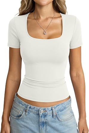 Eachyes Womens Square Neck Short Sleeve Shirts Slim Fitted Casual Tops Basic Tees Cute Y2k Summer Outfits Clothes 2026