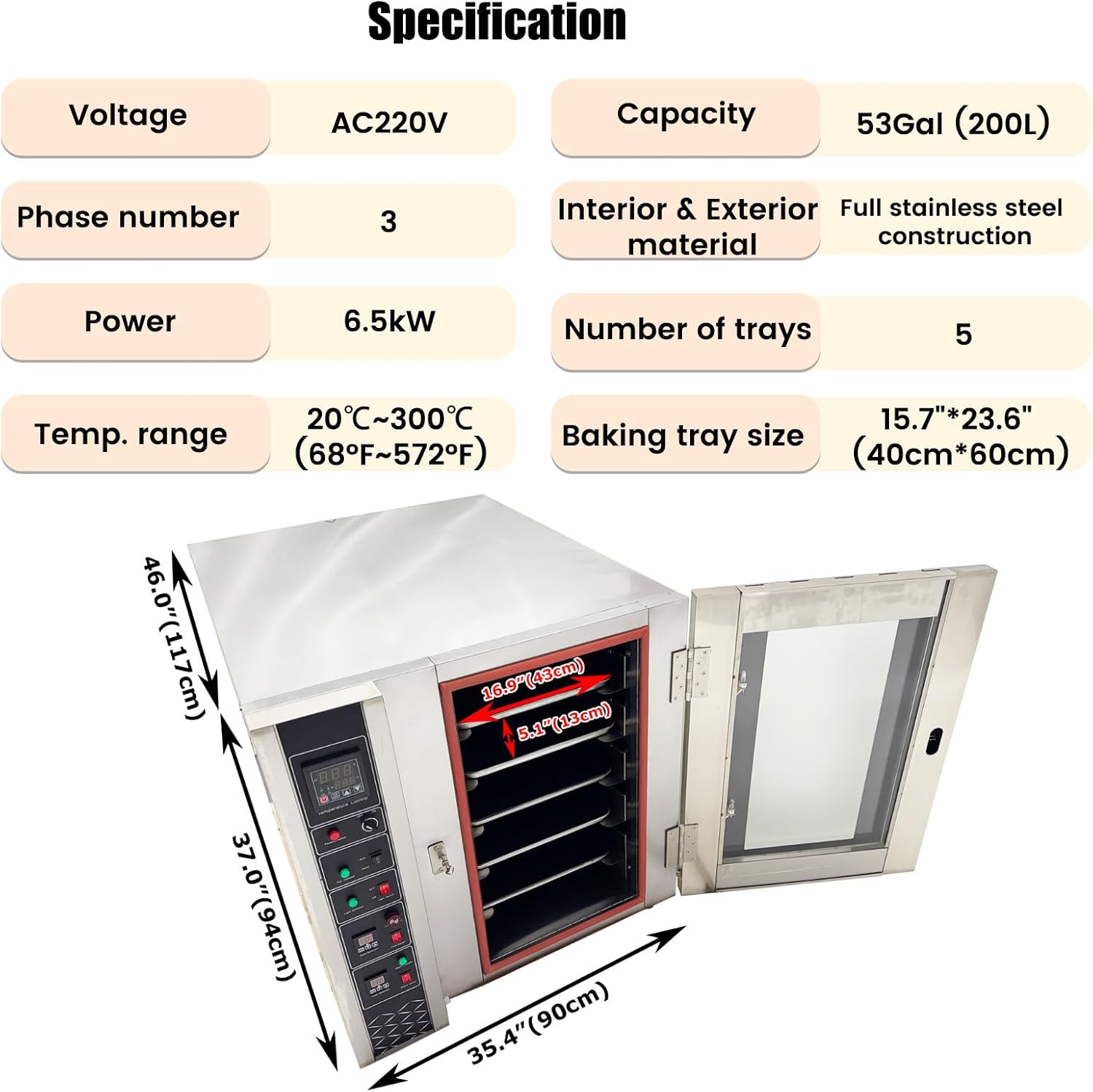 Electric Steam Convection Oven with 5 Trays, 20℃~300℃(68~572°F) Stainless Steel Convection Oven for Restaurants, Food Production Factories AC220V, 3 Phase