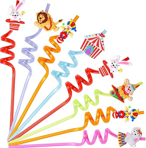24 popotes de carnaval, recuerdos de fiesta de circo incluyen popotes de animales de carnaval, de plástico reutilizable para niños, fiesta temática