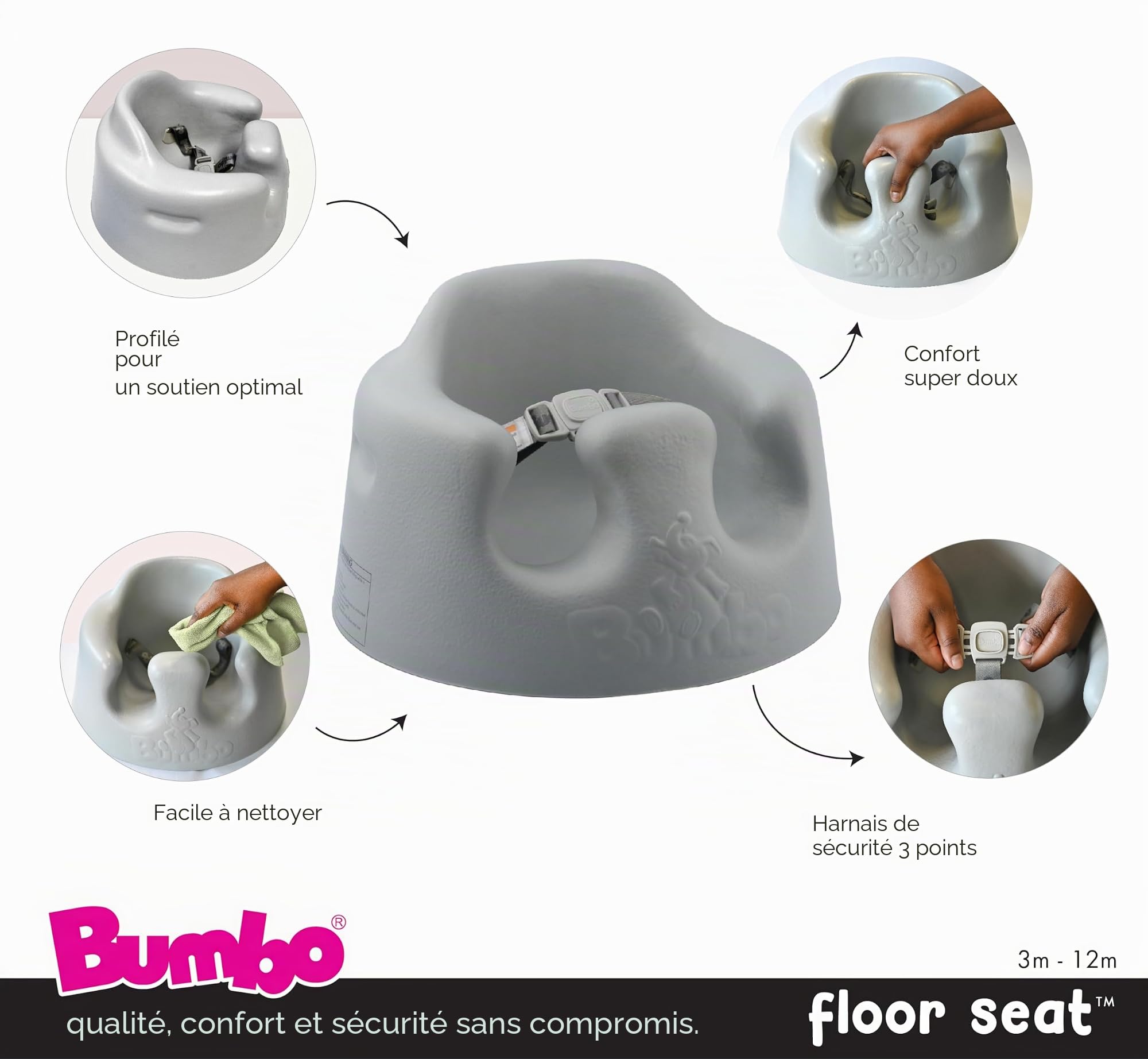 Bumbo Siège de sol bébé avec harnais réglable 3 mois et plus - Siège bébé Sit Me Up - Chaise de sol pour bébé - Taupe