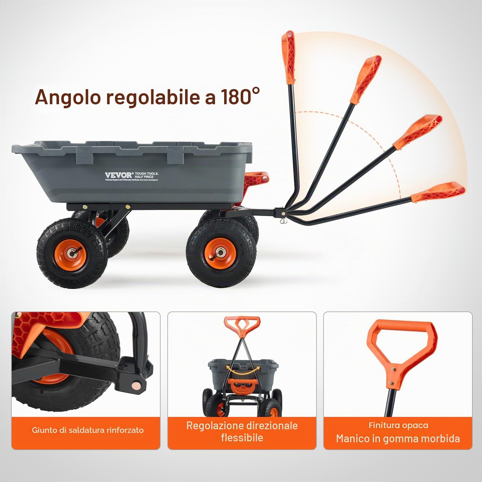VEVOR Carrello Ribaltabile, Carrello Ribaltabile da Giardino con Telaio in Acciaio, Carro Ribaltabile con Maniglia Convertibile 2 in 1, Carriola Utilitaria Capacità di 800 libbre