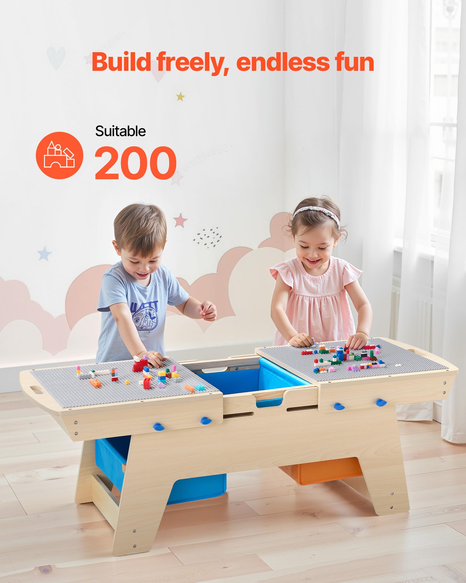 VEVOR Kindertisch 905 x 497 x 393 mm, Aktivitätstisch aus Holz, Mehrzweck-Spieltisch mit 200 Bausteinen und 3 Aufbewahrungsbehältern, Bausteintisch, Geschenk für Kinder ab 3 Jahren, Holzfarbe