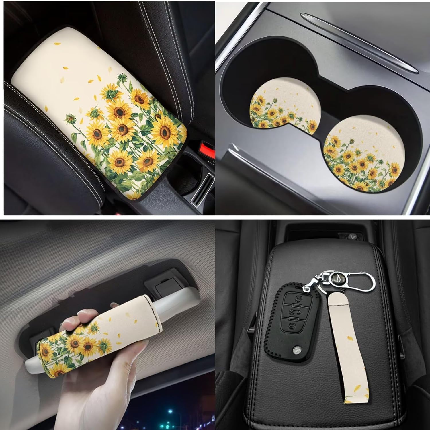 Sunflower Print 17 Pcs Car Seat Covers Full Seat with Floor Mats Car Seat Protectors Steering Wheel Cover Car Full Automotive Interior Decor