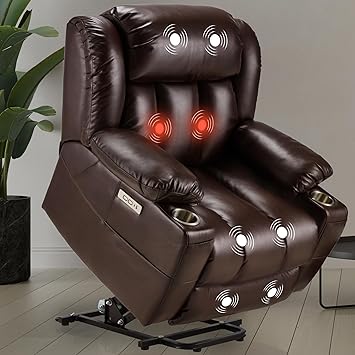 Large Power Lift Recliner Chair Leather for Elderly with Massage and Heating Function, Lazy Boy Convertible Chair with Cup Holders, USB Ports, Type-C Ports, Remote ControlBrown
