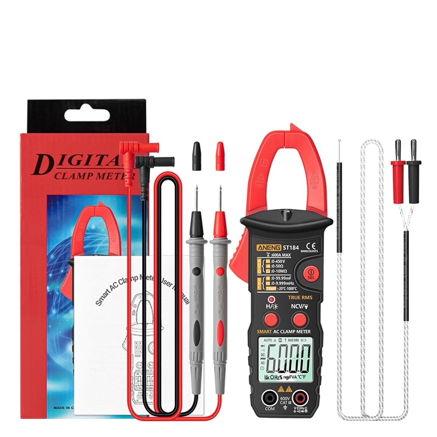 ST184 Digital Multimeter Clamp Meter True RMS 6000 Counts Professional Measuring Testers AC/DC Voltage AC Current Ohm(ST184 Red(Box))