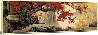 Large Oriental Asian Wall Art Chinese Painting Wall Decor for Living Room Abstract Red Plum Blossom Landscape Picture Prints Watercolor Mountain Poster Canvas Artwork Home Office Decorations 14x48”