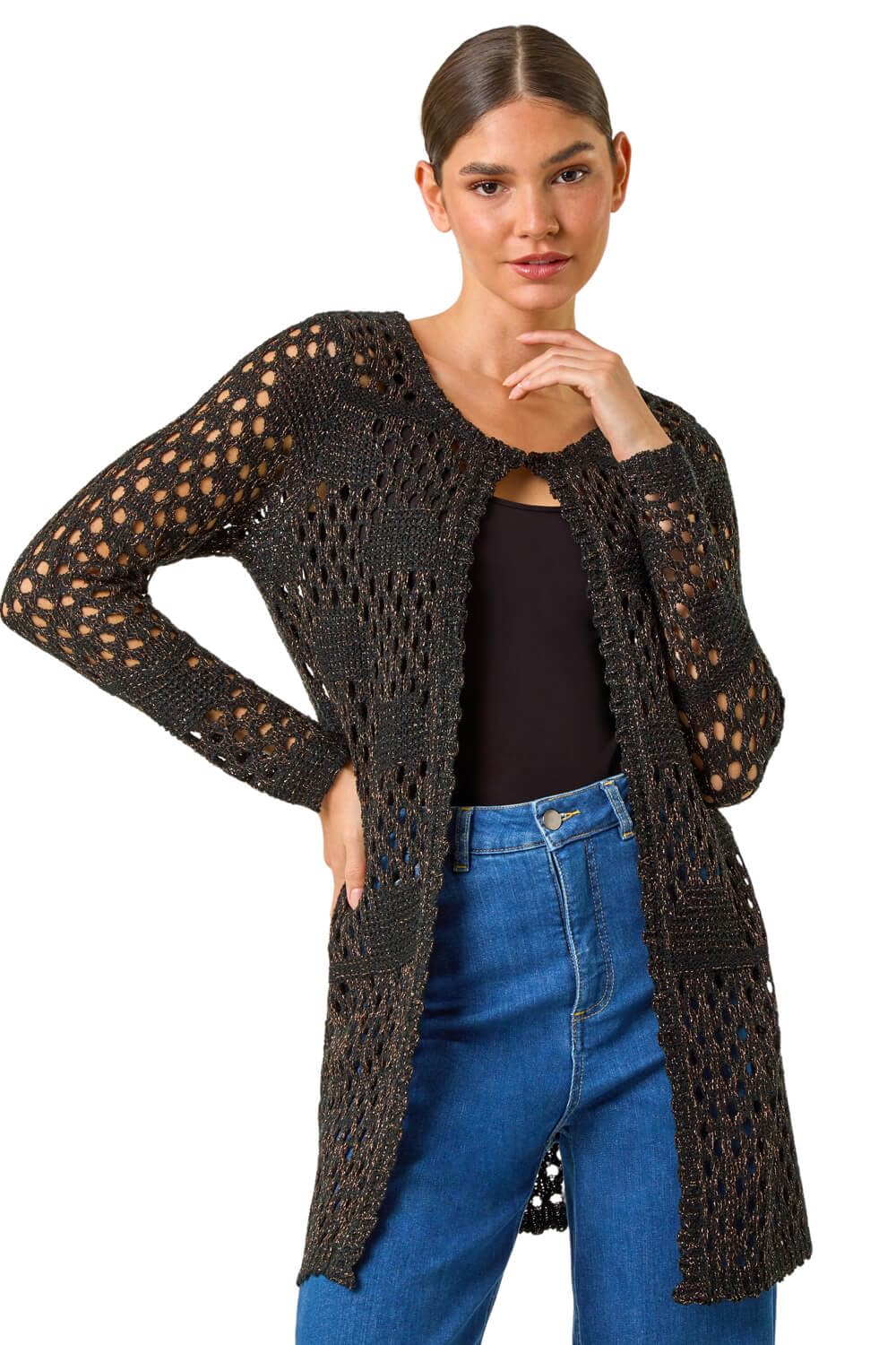 Roman Women's Black Shimmer Longline Knit Cardigan Size 10