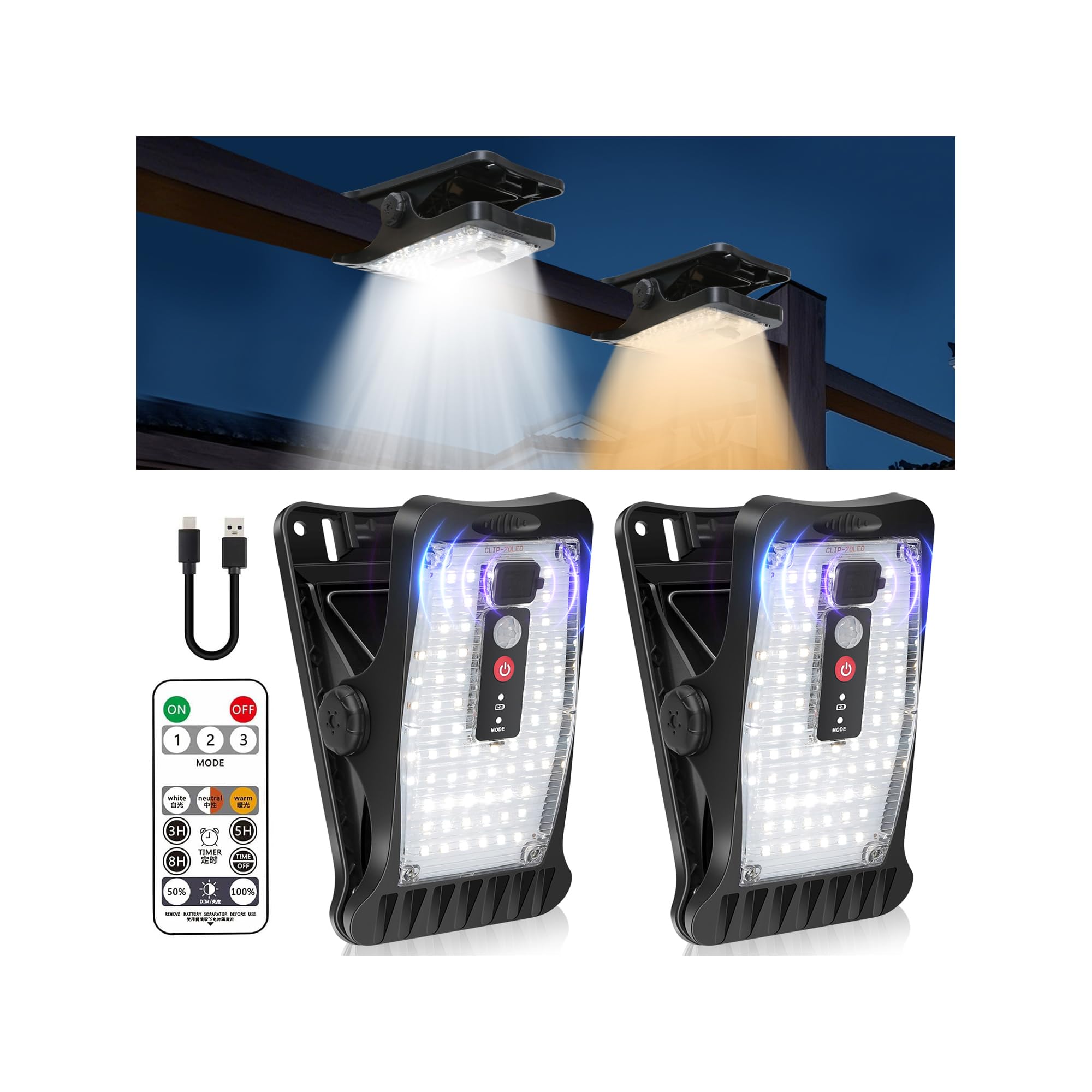 2 lámparas solares para exterior, 2 piezas de lámparas solares con clip con sensor de movimiento, 70 LED, 3 temperaturas de color, USB y control remoto, lámpara solar impermeable para valla