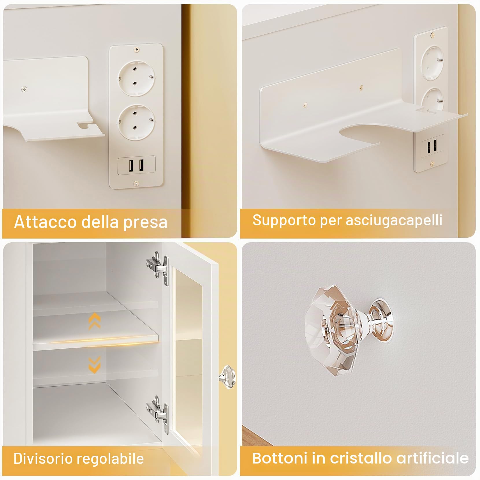 Dripex Tavolo da Toeletta con 10 Sfere LED e Prese, Specchio e 2 Vetrine Trasparenti con RGB, 7 Cassetti, Bianco