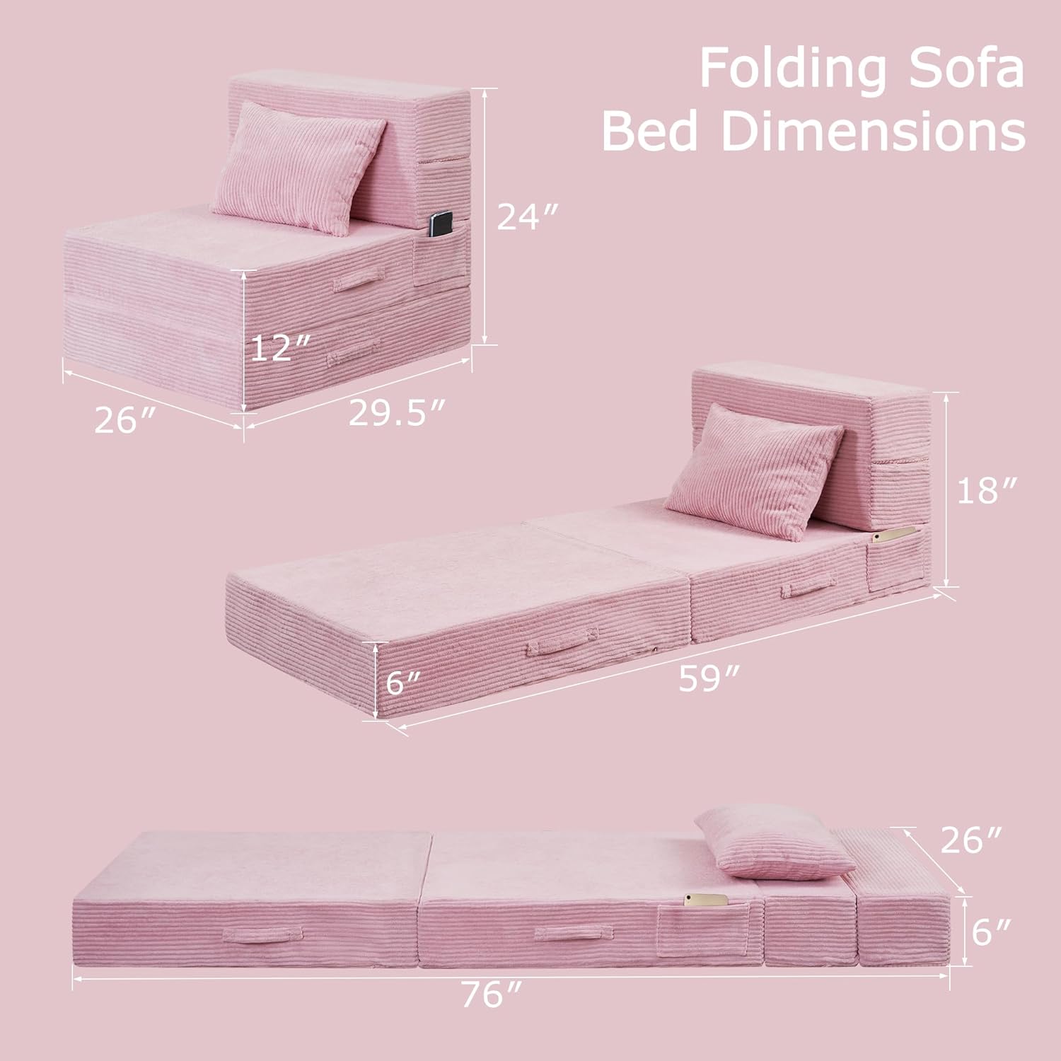 Folding Sofa Bed, 4 in 1 Convertible Sleeper Chair with Pillow, Single Memory Foam Fold Out Chair Bed, Modern Floor Futon Sofa Couch Mattress for Living Room/Guest/Apartment, Pink