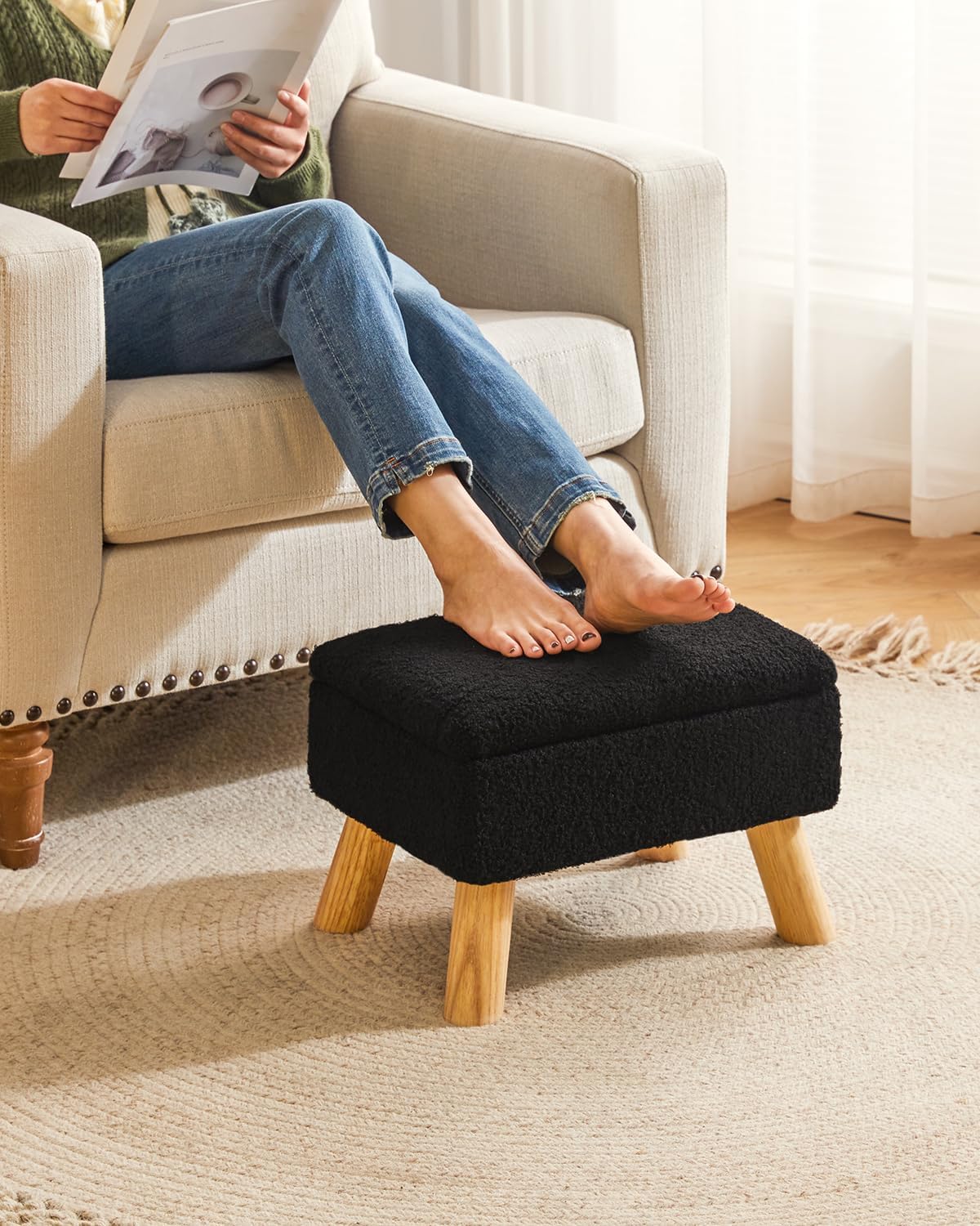 YMYNY Storage Ottoman, Footstool, Small Foot Stool with Sturdy Wood Legs Stool, Foot Rest with Padded Seat, for Living Room Bedroom Couch Enterway 15.75''D×11.81" W×11.02" H Black UHBD042B