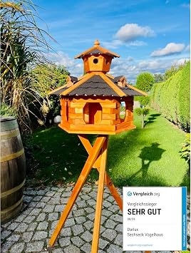 handgefertigtes Sechseck Vogelhaus aus Holz wetterfest M - XXL mit und ohne Ständer, Futterhaus, Futterhäuschen (Größe XXL mit Ständer, Schwarz - Braun)