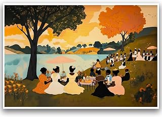 ZHGYGBN African American Poster Black People Art Black People Party Art Community Lakeside Picnic Scene Joyful Outdoor Gathering Poster for Living Room Bedroom Gallery Home Kitchen 16x24Inch Unframed