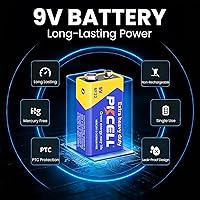 Vista 2 de PKCELL Baterías de 9 V, paquete de 10 baterías de 9 voltios de carbono y zinc, batería de 9 V para detector de humo, alarmas, batería cuadrada 6F22