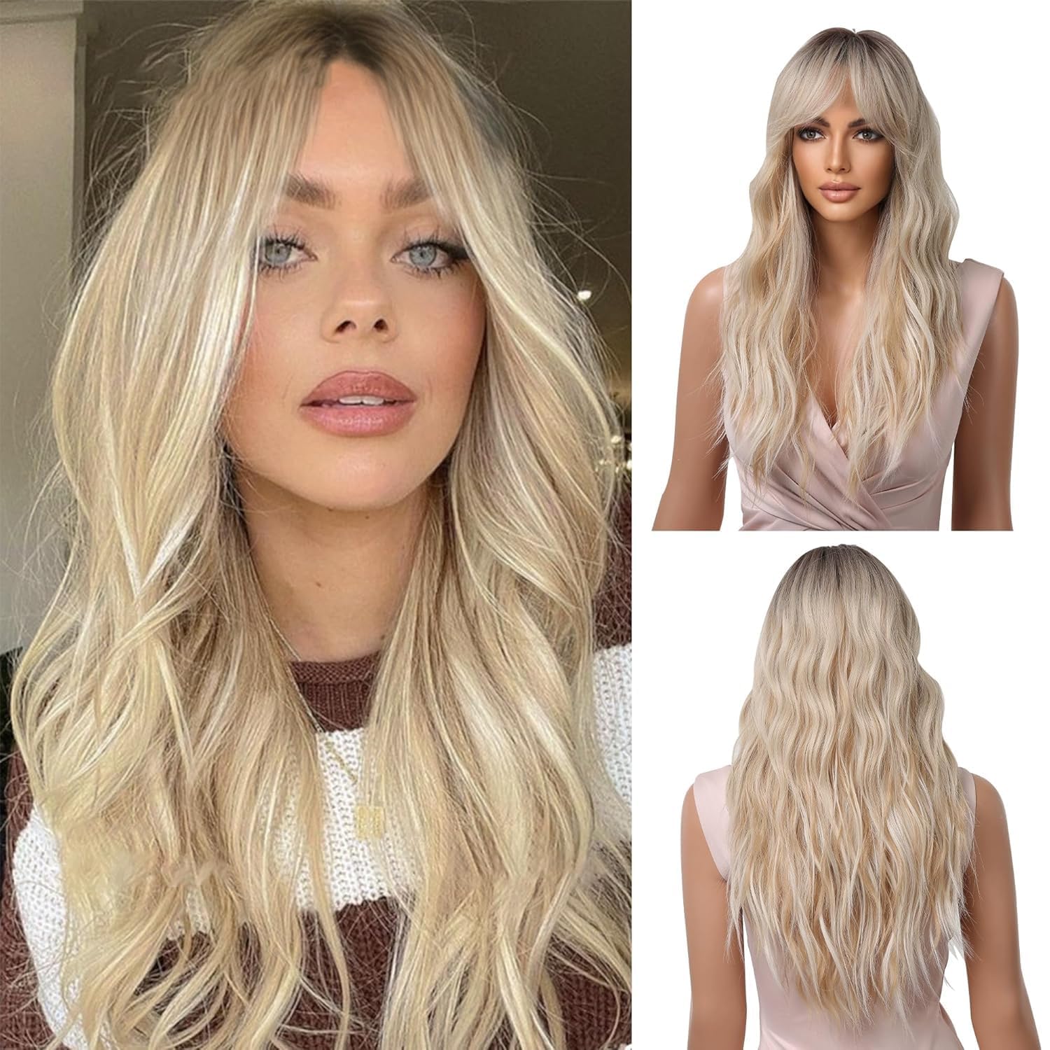 Photo 1 of Luxclipse Blonde Ombre Long Wavy Wigs Human Hair for Women, Heat-Resistant, Lightweight, Tangle-Free, Ideal for Daily Wear, Parties, and Outdoor Activities (Blonde, 24 Inch)