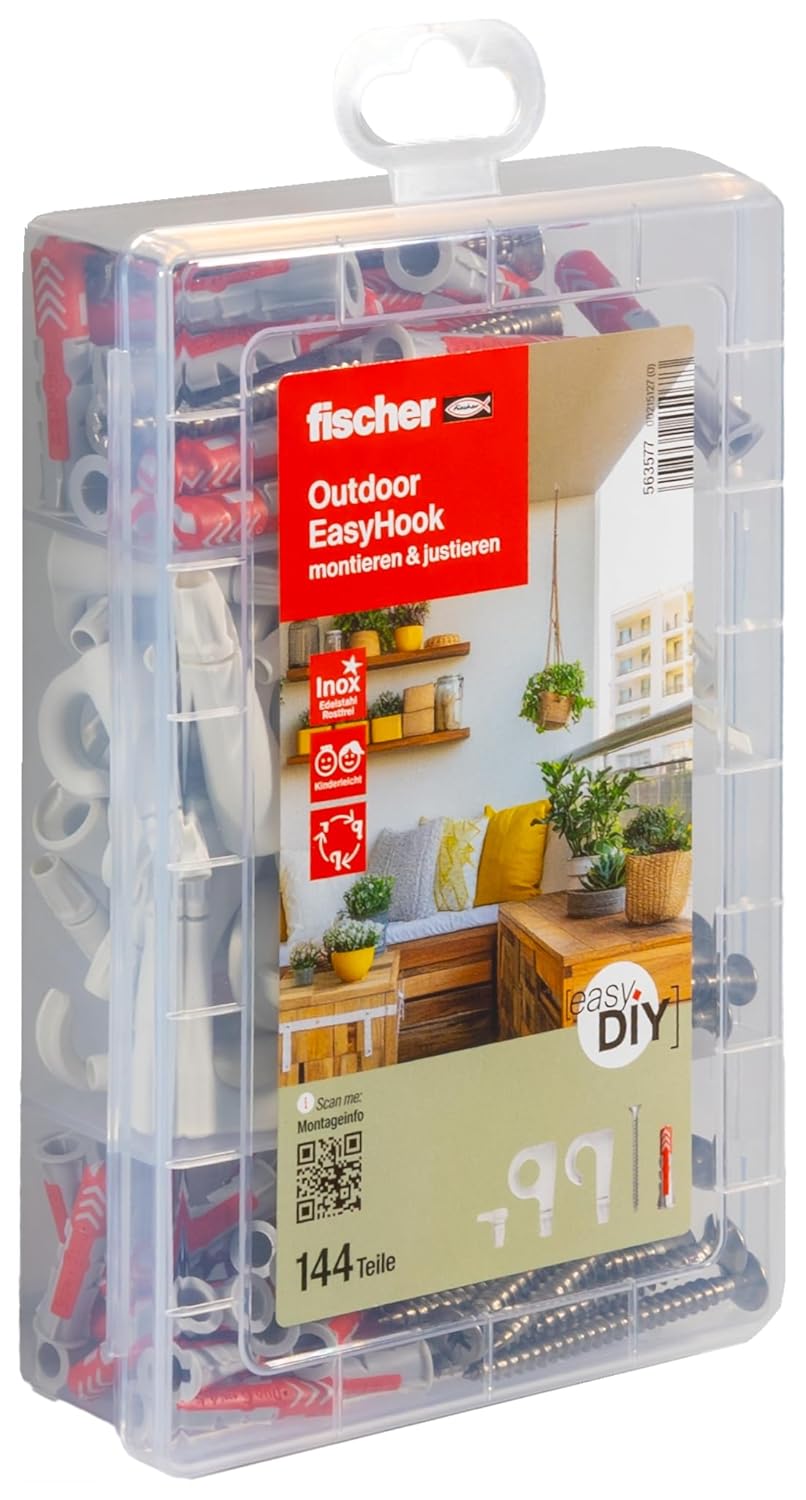 fischer 563577 ProfiBox A2, Set of Various Hooks, DuoPower Dowels, Cover Caps and Screws, Flexible Screw Hooks for Mounting in Numerous Building Materials, 128 Pieces, EasyHook, White