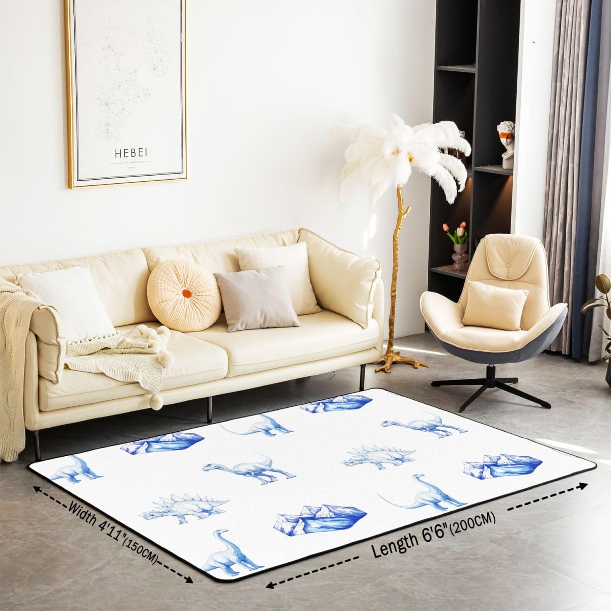 Homewish Blaue Dinosaurier Rugs for Living Room Wasserfarbe Dinos Teppiche 100x150 Uralte Dschungel Tiere Teppich Wohnzimmer Kawaii Cartoon Carpet Stilvoll Pflegeleicht