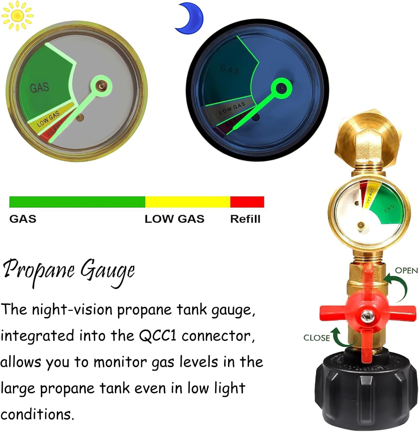 Propane Refill Adapter for 1lb. Tanks, 90 Degree Propane Adapter 20lb to 1lb Converter with Gauge and Control Valve for Propane Tank, Heater, Grill Stove, 4 Caps Included, Solid Brass