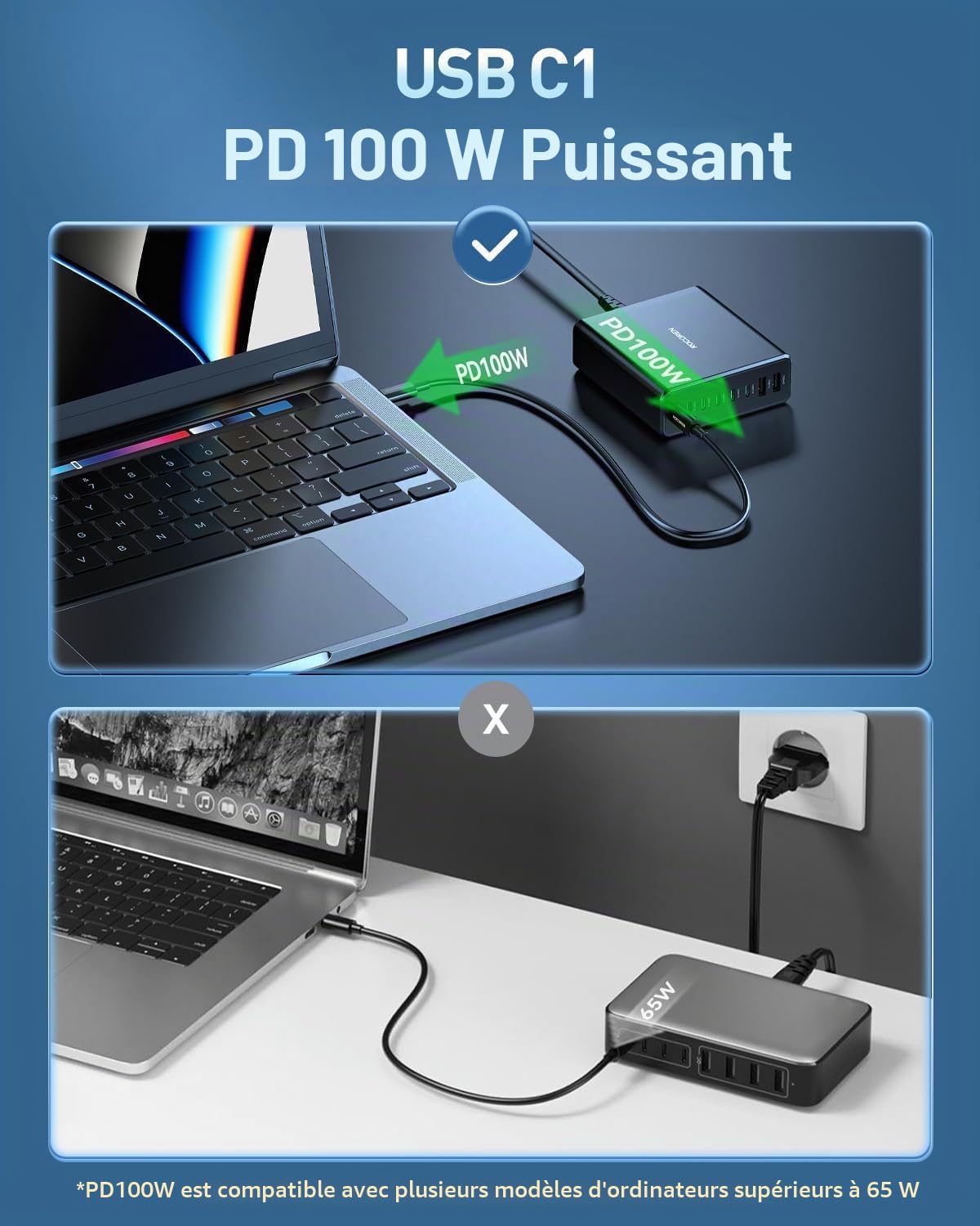 Rocoren Station de Charge 340W, Chargeur USB c Rapide avec 8 Ports GaN PD100W avec câble AC de 1,5 m pour MacBook Pro, iPhone 16/15, iPad,Galaxy A05s/A55,SteamDeck,Acer,Lenovo