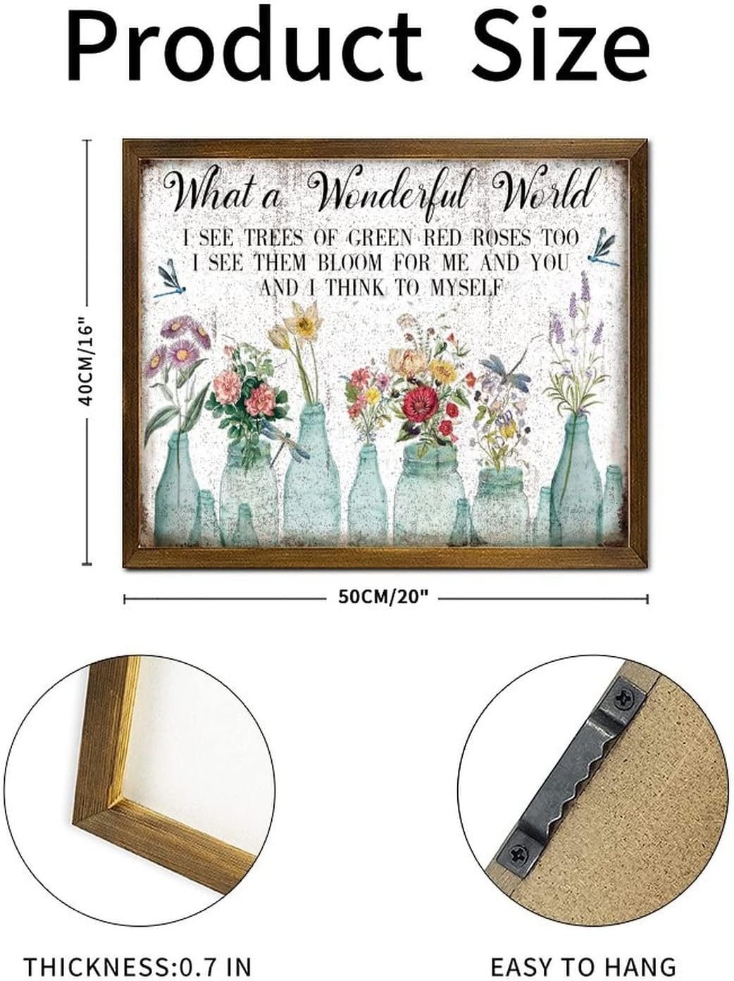 What A Wonderful World Framed Wood Sign Vintage Dragonfly Tulip Rose Flower Vase Hanging Sign Farmhouse Hello Spring Flower Wood Hanging Wall Art Decor for Home Family Living Room Bedroom 16x20 Inch
