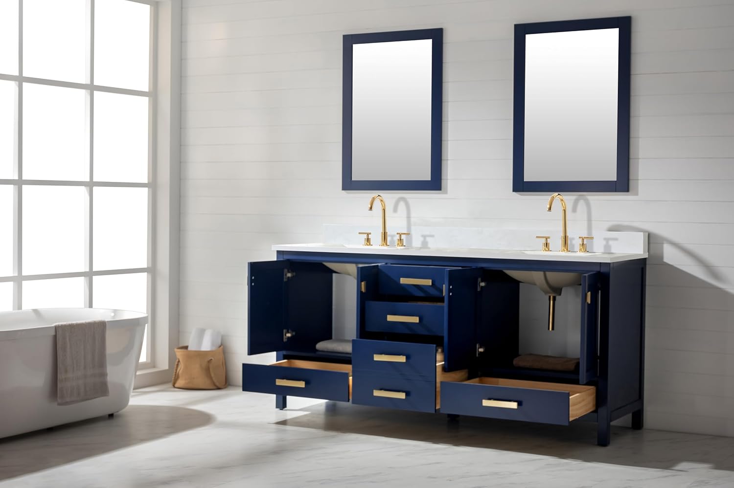 Design Element Valentino 72" Double Sink Bathroom Vanity Set in Blue - Comes with Quartz Countertop and Porcelain Sink