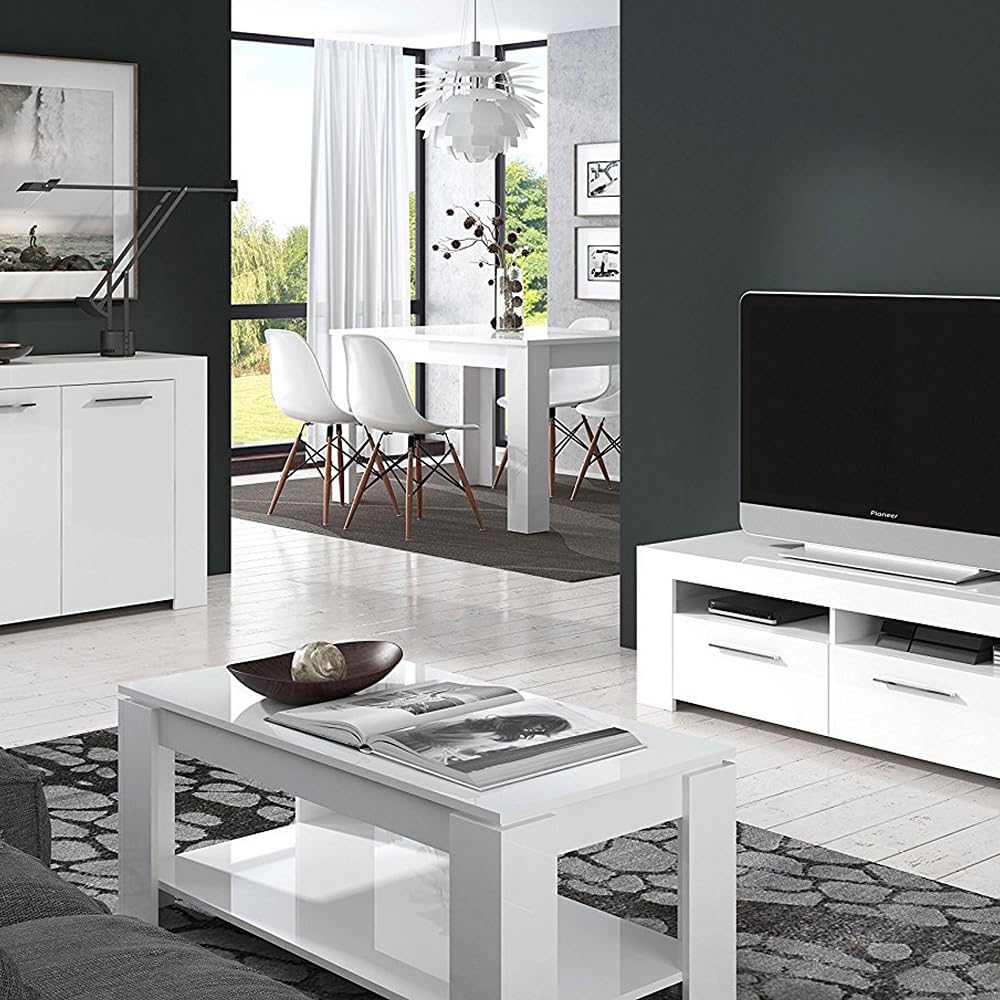 Habitdesign – Mesa de Centro Elevable con Revistero para Salón o Comedor, Mesa de Café con Revistero, Color Blanco Artik, 102x50x43–54 cm - Modelo Ambit