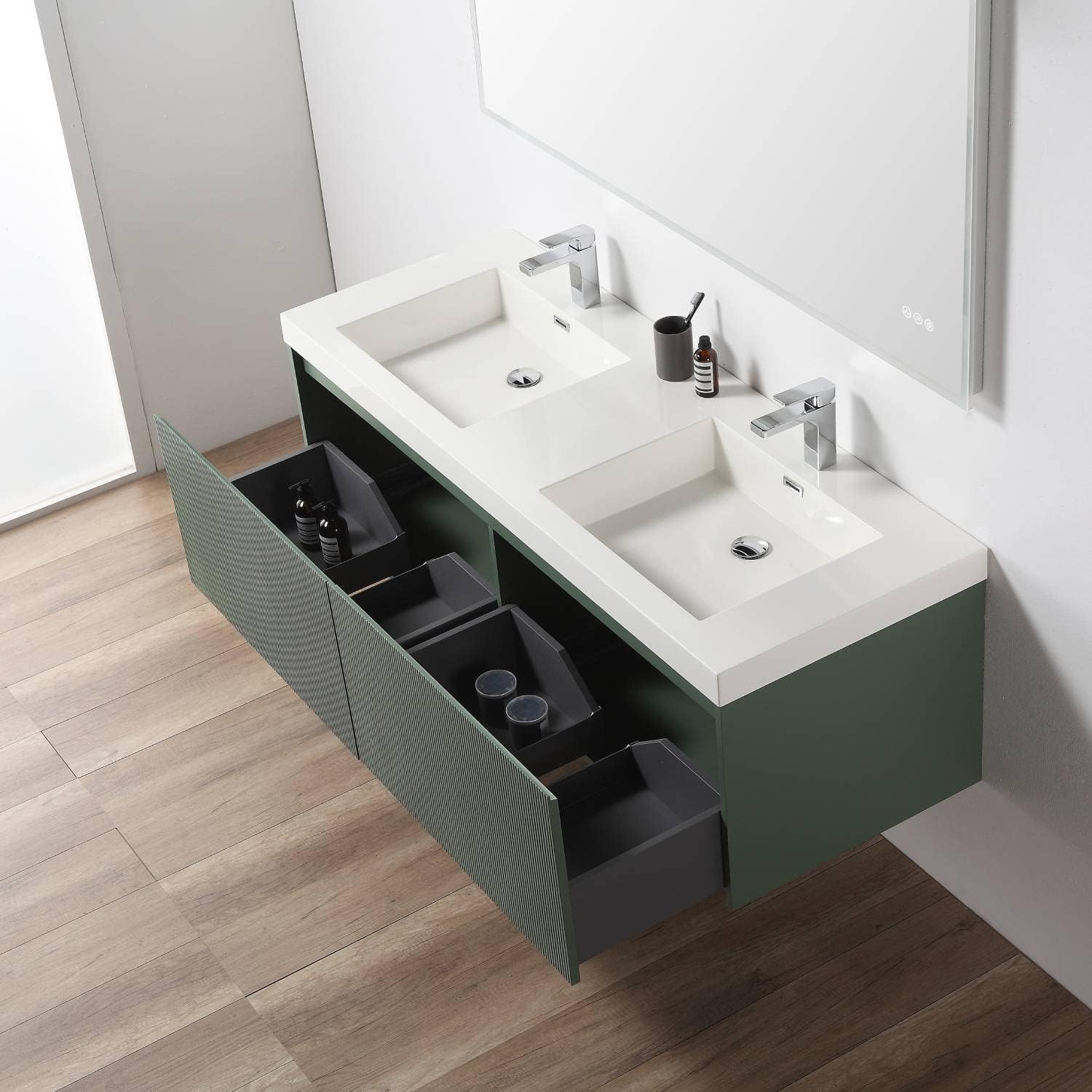 Premium 60 Inch Double Sink Vanity - Solid Wood Floating Design - Aventurine Green Wall Mounted Bathroom Cabinet - Pre-assembled Modern Luxury - Durable Acrylic Sink Top