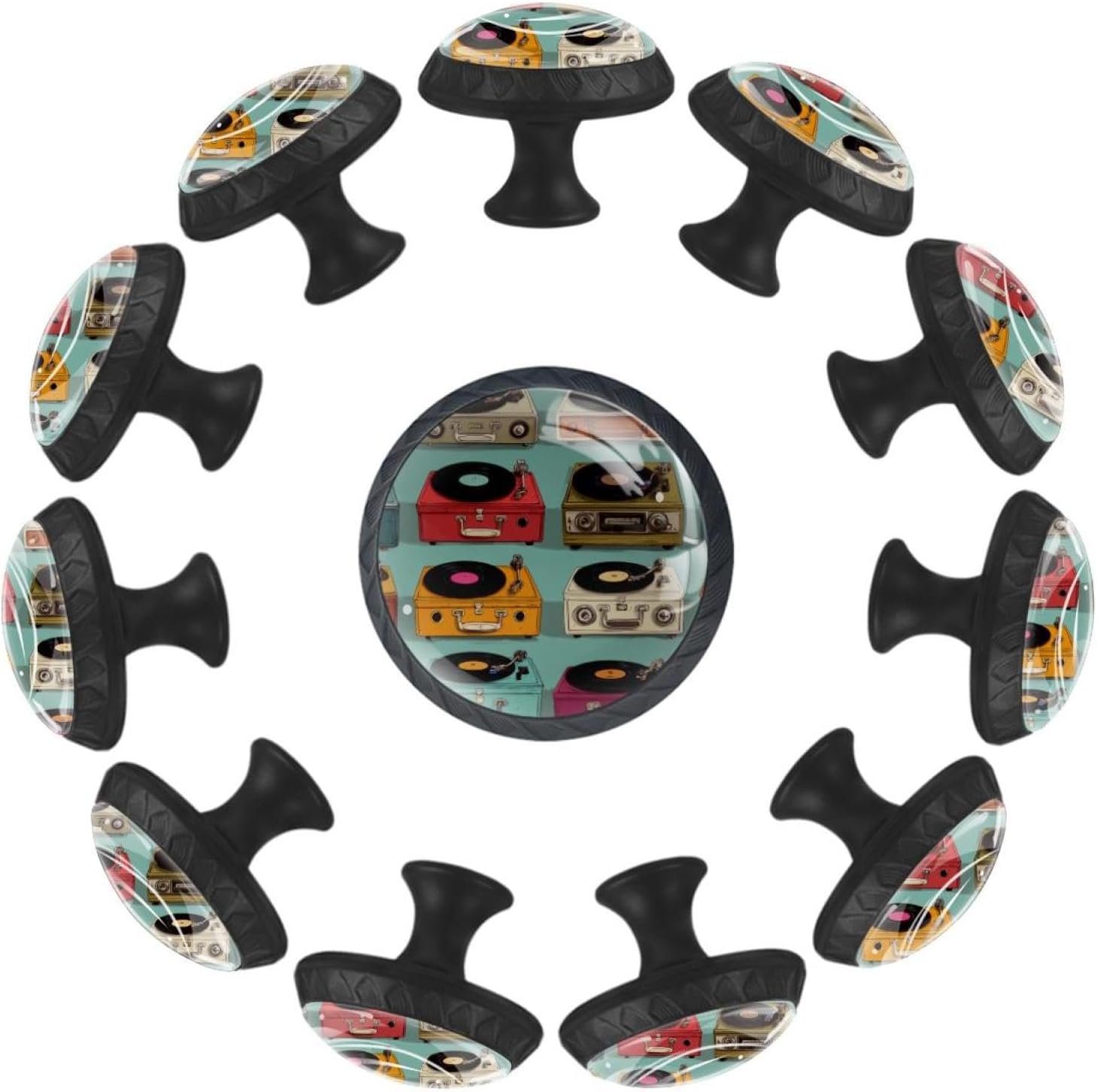 Black Base Color Record Player Pattern (34) Round Pulls, Decorative Cabinet Knobs for Indoor Room Decoration