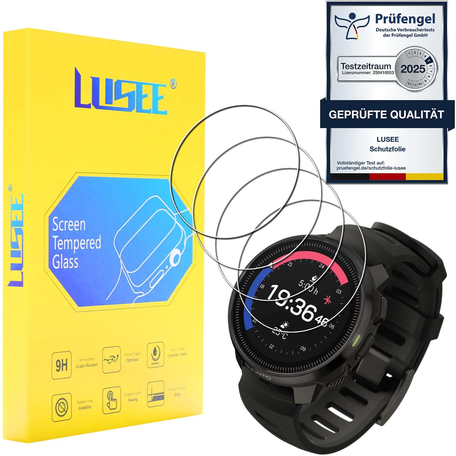 LUSEE Vetro Temperato per Suunto 9 Peak Pellicola Protettiva, 3 Pezzi [ Durezza a 9H] [Chiaro HD] [Anti Graffio] 2.5D Vetrino Protezione per Schermo per Suunto 9 Peak