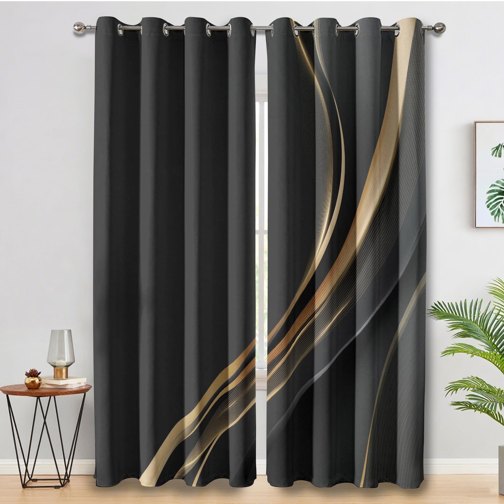 Black Gold Blackout Curtains for Living Room, Minimalist Golden Line Curtains Bedroom Home Decor, Thermal Eyelet Window Drapes, 2 Panels 72 Drop, 46x72 (W x L) L-C&2