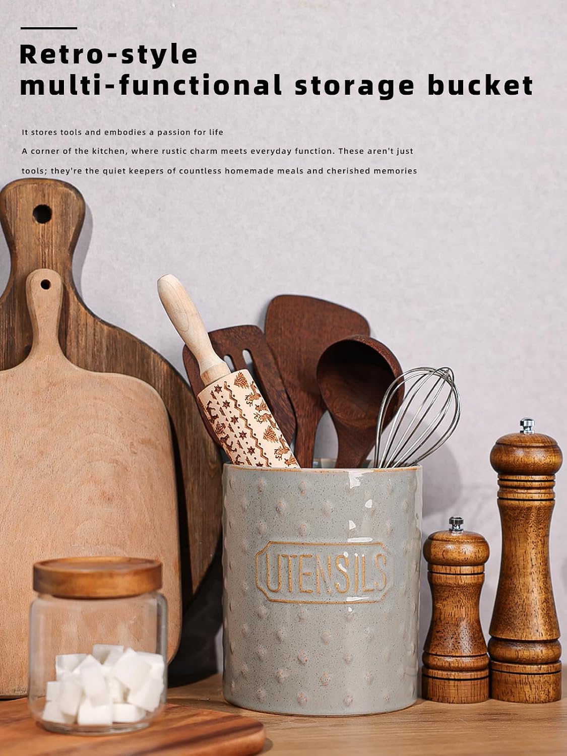 Ceramic Utensil Holder, 7" Utensil Crocks (Vintage Grey, 7")