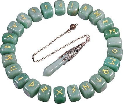 mookaitedecor Green Aventurine Runes Stones Set & 6 Facted Crystal Pendulum for Divination Dowsing Meditation Balancing
