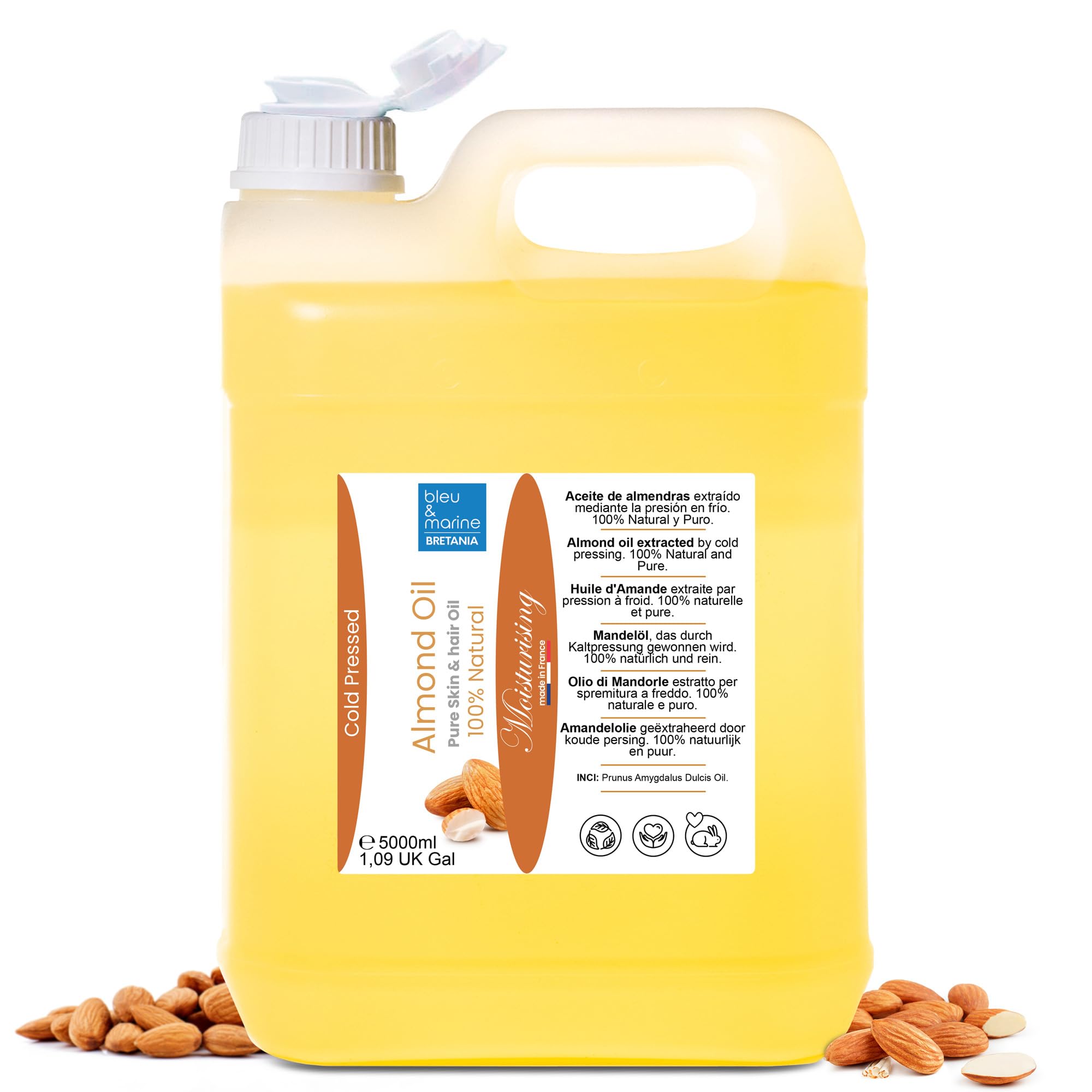 bleu & marine Bretania - 100% Natürliches Kaltgepresstes Mandelöl | Schwangerschafts- & Babyhautpflege | Natürlicher Make-up-Entferner & Haarpflege | Gold, 5 l (1er Pack)