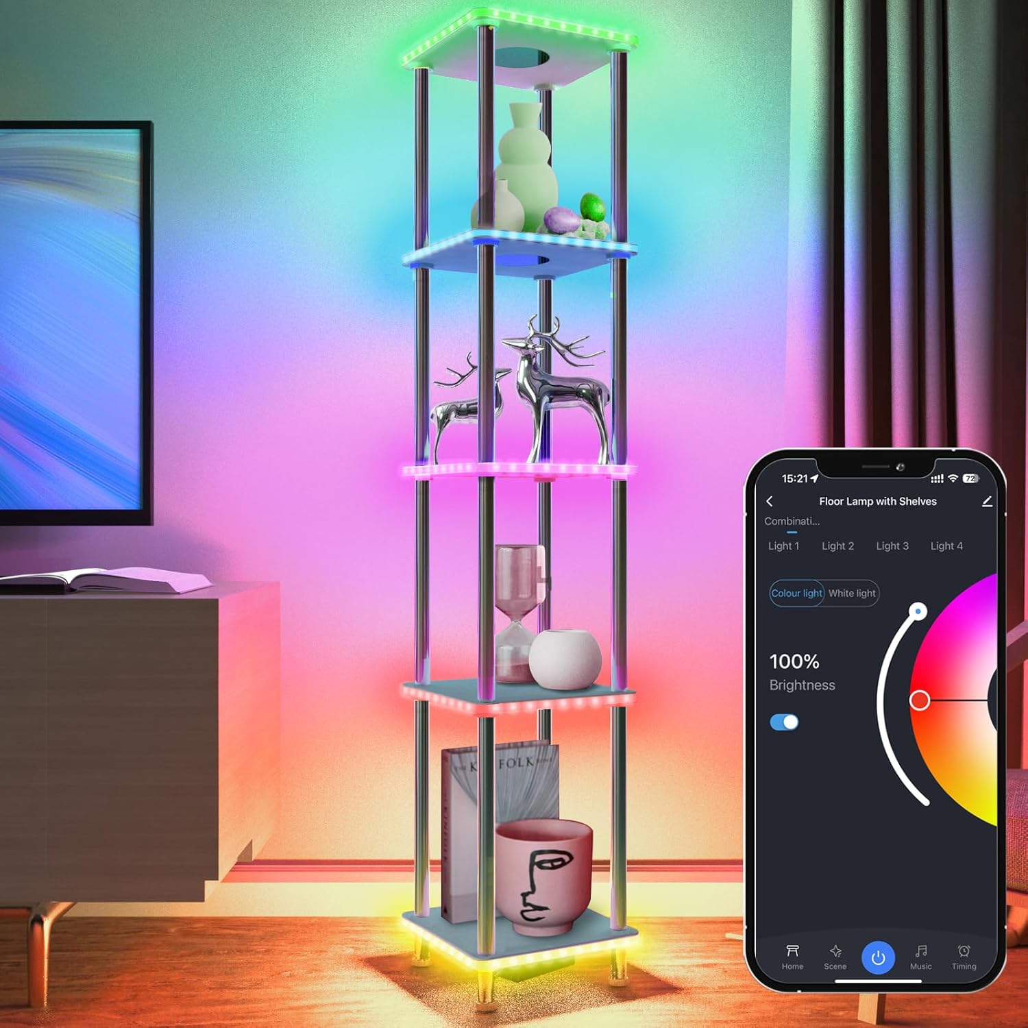 Kekeou RGBCW Floor Lamp with Shelves Tall Lamp Music Sync APP Control Standing Lamp with