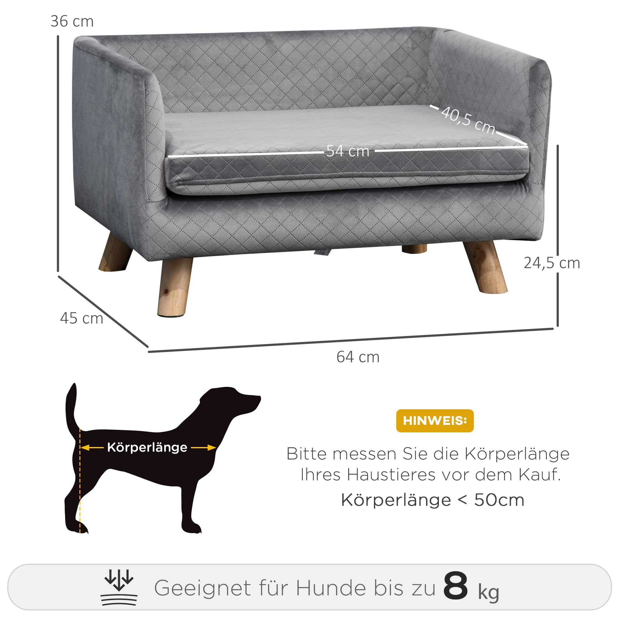 PawHut Hundesofa Hundebett Hundecouch aus Samt mit Rückenlehne, Holzbeine, Kissen, Katzensofa mit weicher Polsterung, für kleine Hunde 64 x 45 x 36 cm Dunkelgrau