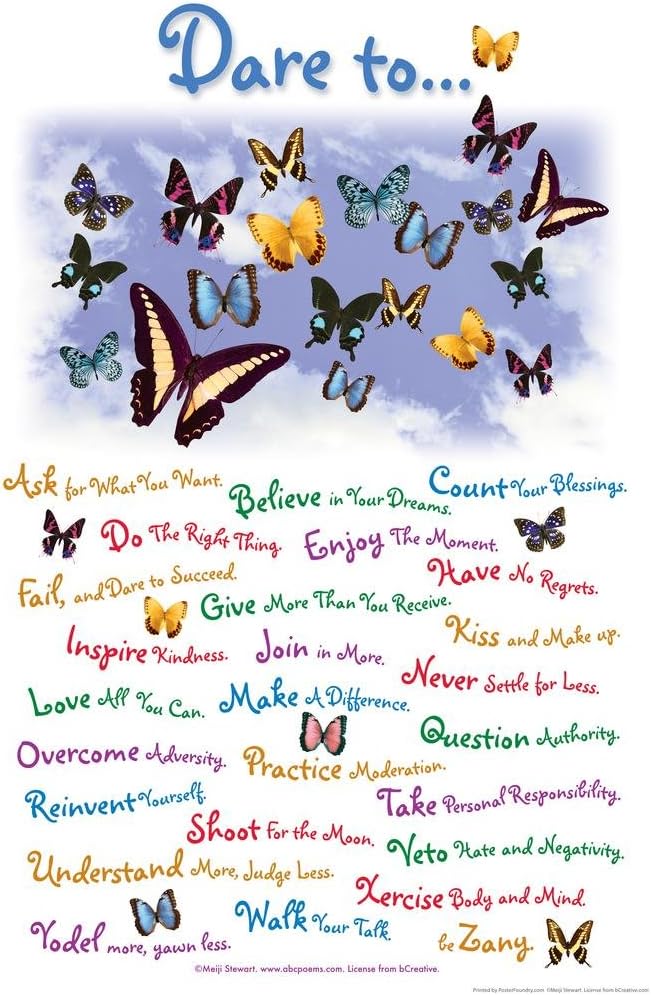 Laminated Dare To... Motivational Butterfly Poster Vintage Poster Prints Butterflies in Flight Wall Decor Butterfly Illustrations Insect Art Poster Dry Erase Wall Art 24x36