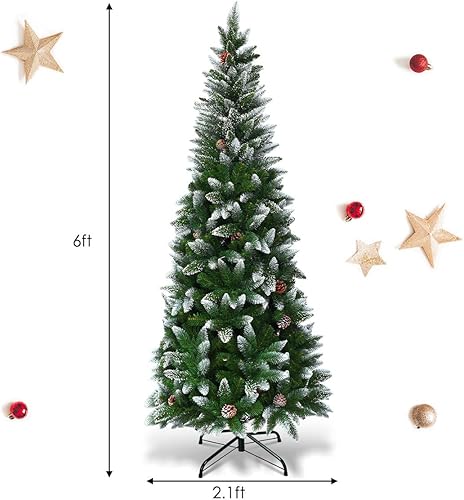 Miniatura 15 de GOFLAME Árbol de Navidad flocado de nieve de 5 pies, árbol de Navidad artificial con piñas y soporte de metal, decoración navideña tradicional