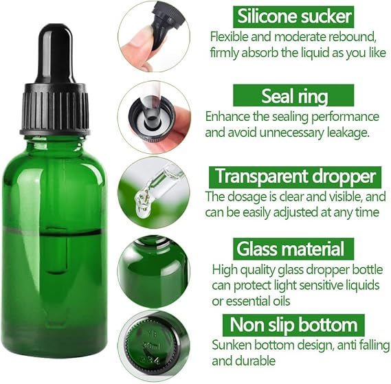 6 adet Damlalık Şişesi 30 ml Damlalıklı Şişe Amber Cam Damlalık Şişesi Uçucu Yağ Difüzörü, Parfümler, Aromaterapi için (Yeşil, Kahverengi)