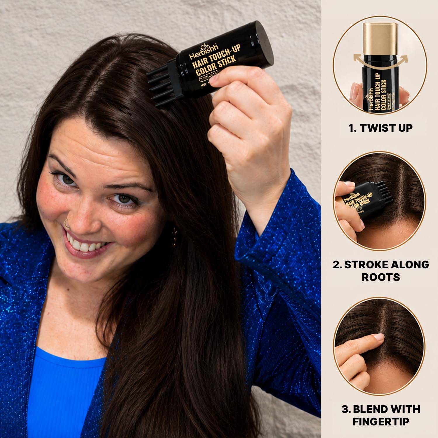 Herbishh Root Touch Up Hair Color Stick with Built-In Comb (0.53 oz), Temporary Hair Dye for Instant Gray Hair Cover Up, Waterproof & Sweat-Proof Root Touch Up for Women & Men (Dark Brown)