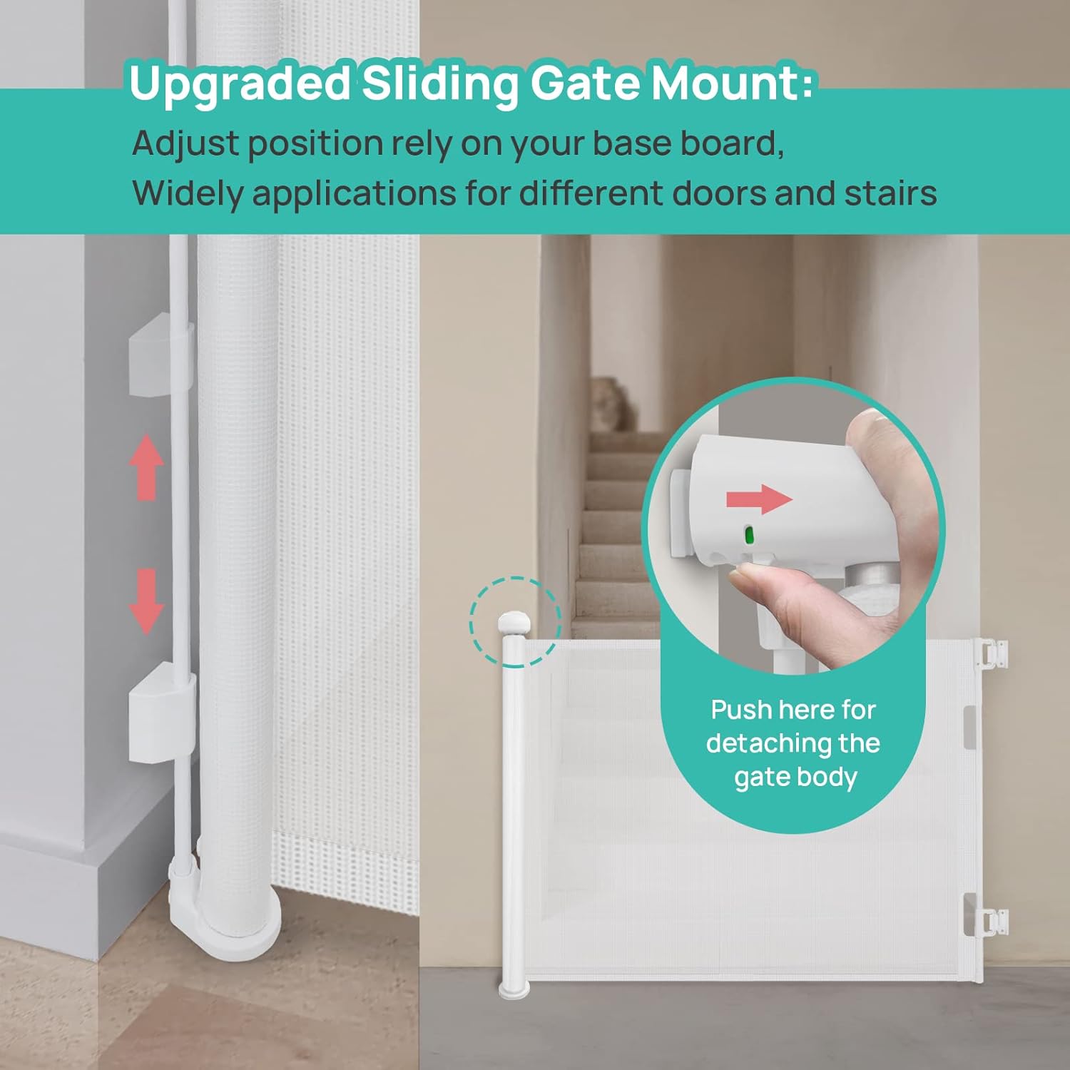 Retractable Baby Gate, Upgraded One-Way Lock Mesh Dog Gate Tall 34”, Extends up to 55” Extra Wide Pet Gate and Safety Child Gate for Stairs, Doorways, Hallways, Banisters, Indoors, Outdoors