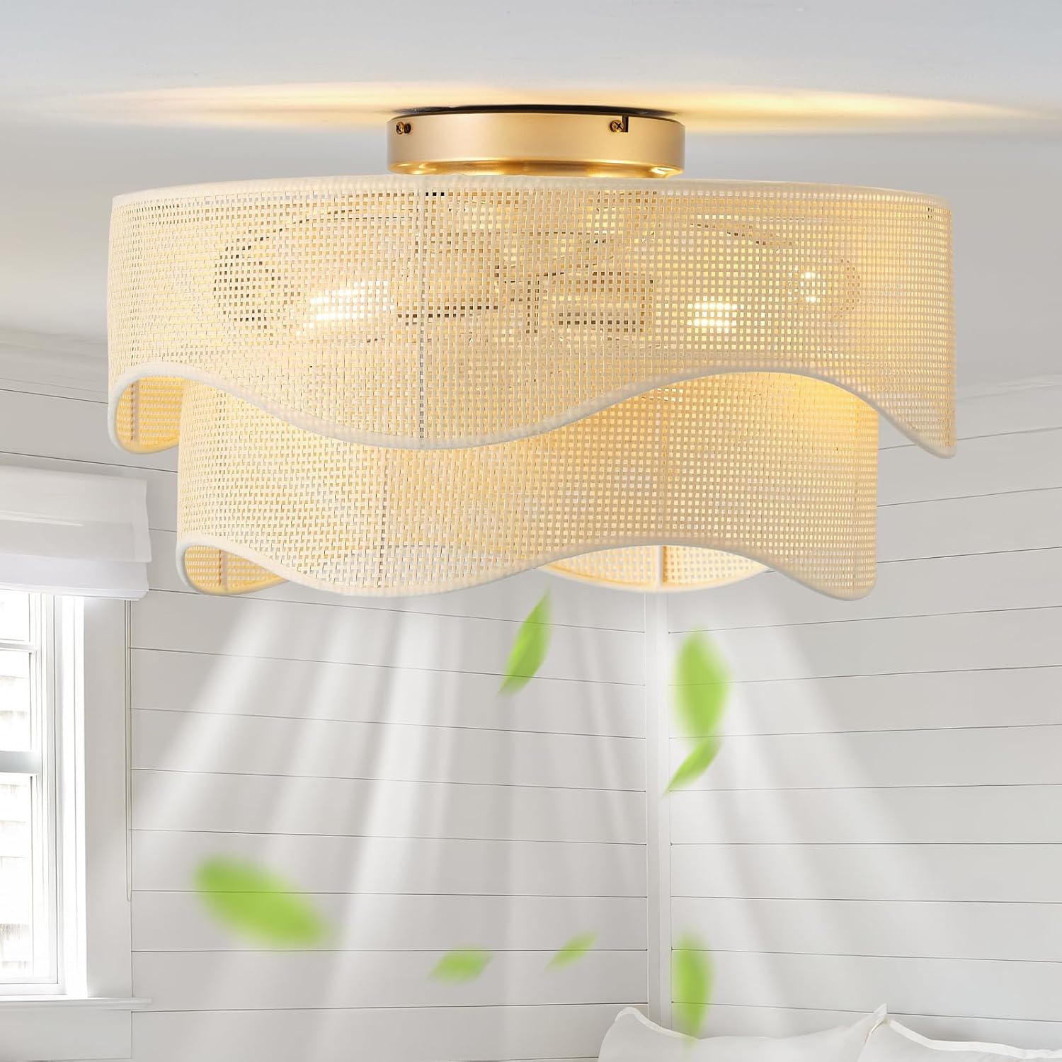 Flush Mount Ceiling Fan with Lights, 20" Low Profile Boho Ceiling Fan with Light Remote Control, Caged Rattan with 6 Speeds for Bedroom, Nursery, Living Room Yellow