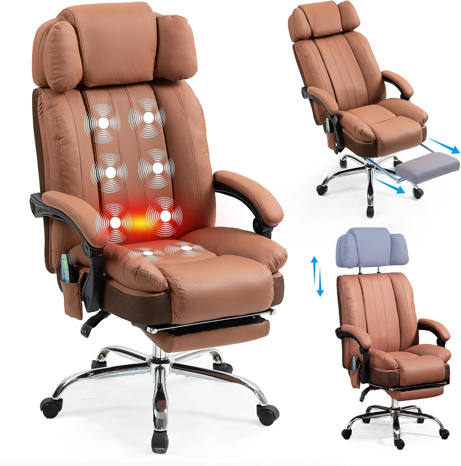 Massage Office Chair with Heat and 8 Vibration Points Big and Tall Executive Office Chair with Adjustable Headrest, Extra Wide Seat, Footrest, Padded Armrests, Reclining High Backrest (Classic Brown)