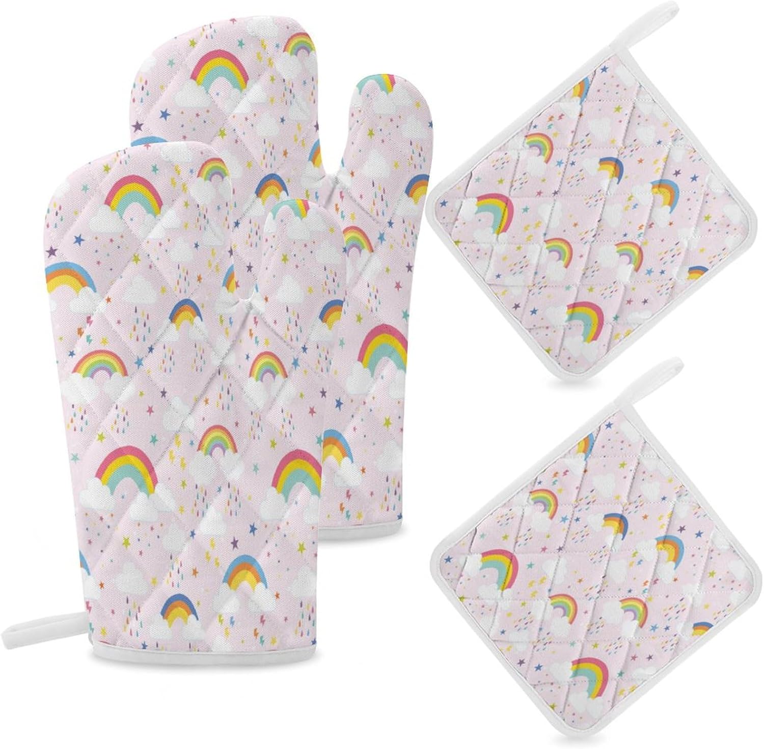 Cute Boys & Girls Room Rainbow Oven Mitts and Pot Holders 4 Pink Art Cartoon Colorful Rainbow Clouds Piece Setven Mitts and Potholders Cooking Gloves Suitable Kitchen Baking