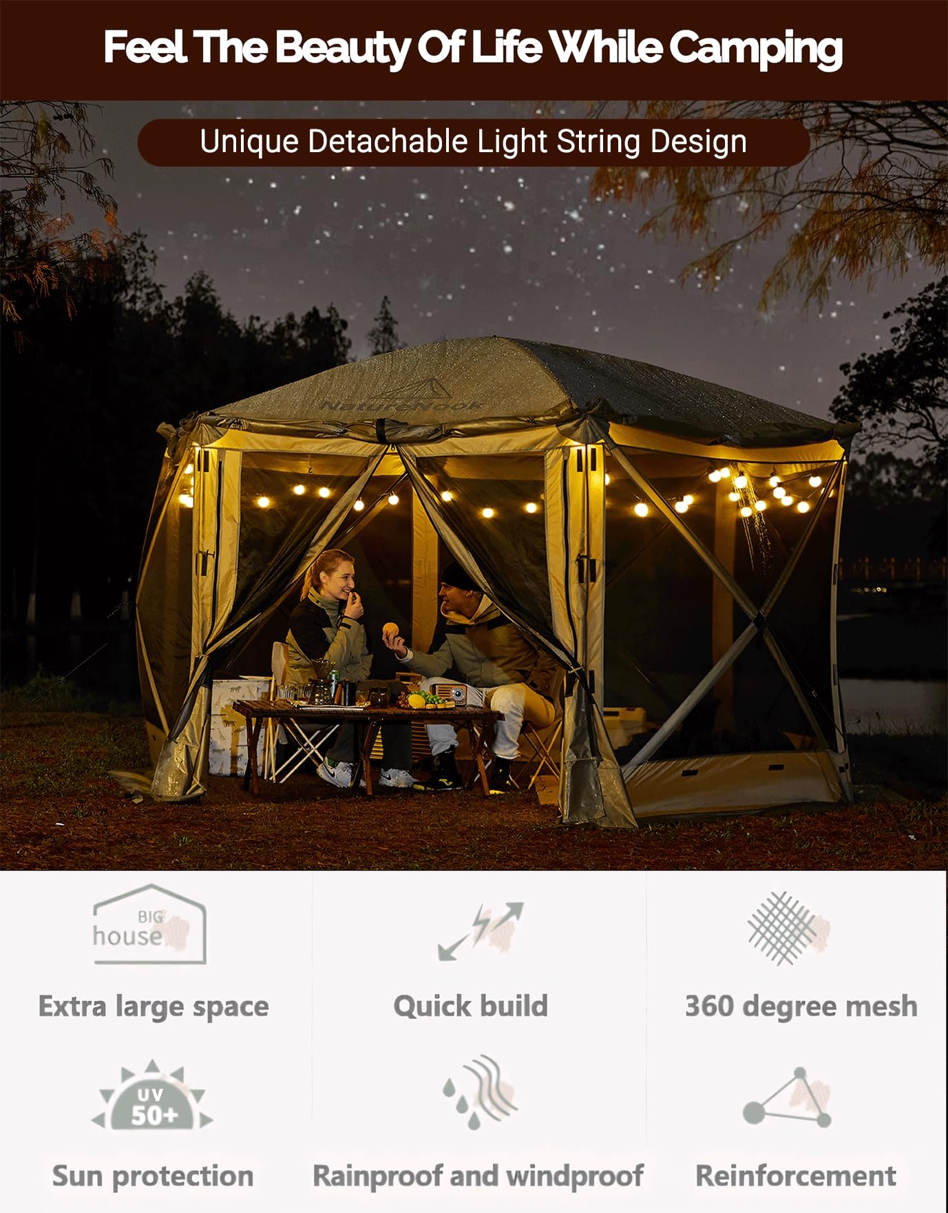 12 x 12 Foot Pop Up Canopy Outdoor Gazebo Tents for Camping Portable Easy Set Up Large Shade Party Tent Pavilion Family 8 Person 6 Sided Shelter Screen Tent Waterproof UV Resistant