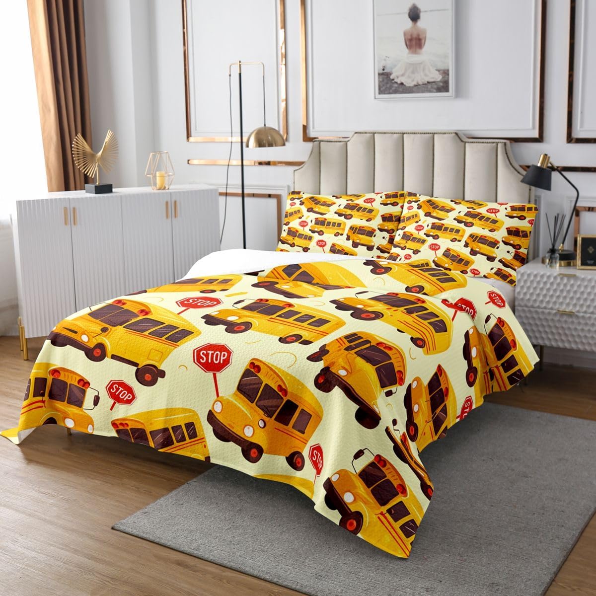 Erosebridal Kids School Bus King Size Bedspread, Cartoon Truck Quilt Set for Boys Girls Teens Youth Bedroom Decor, School Theme Bedding Set, Yellow Vehicle Coverlet