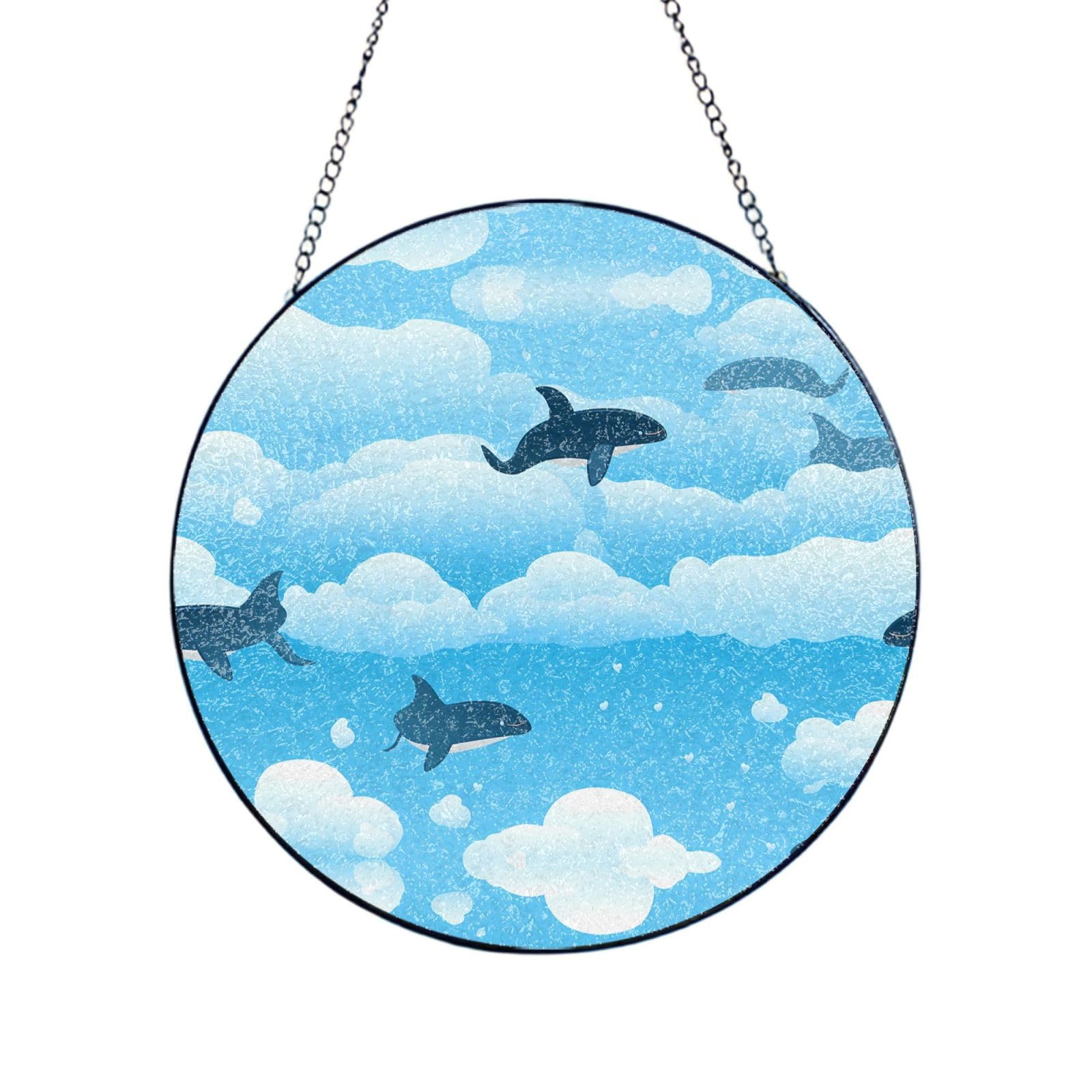 Poezjzw Stained Glass Window Hanging - Whale In Clouds Sun Catcher For Door Garden Home Decor Christmas Mother'S Day Birthday Gifts 6in（15cm）